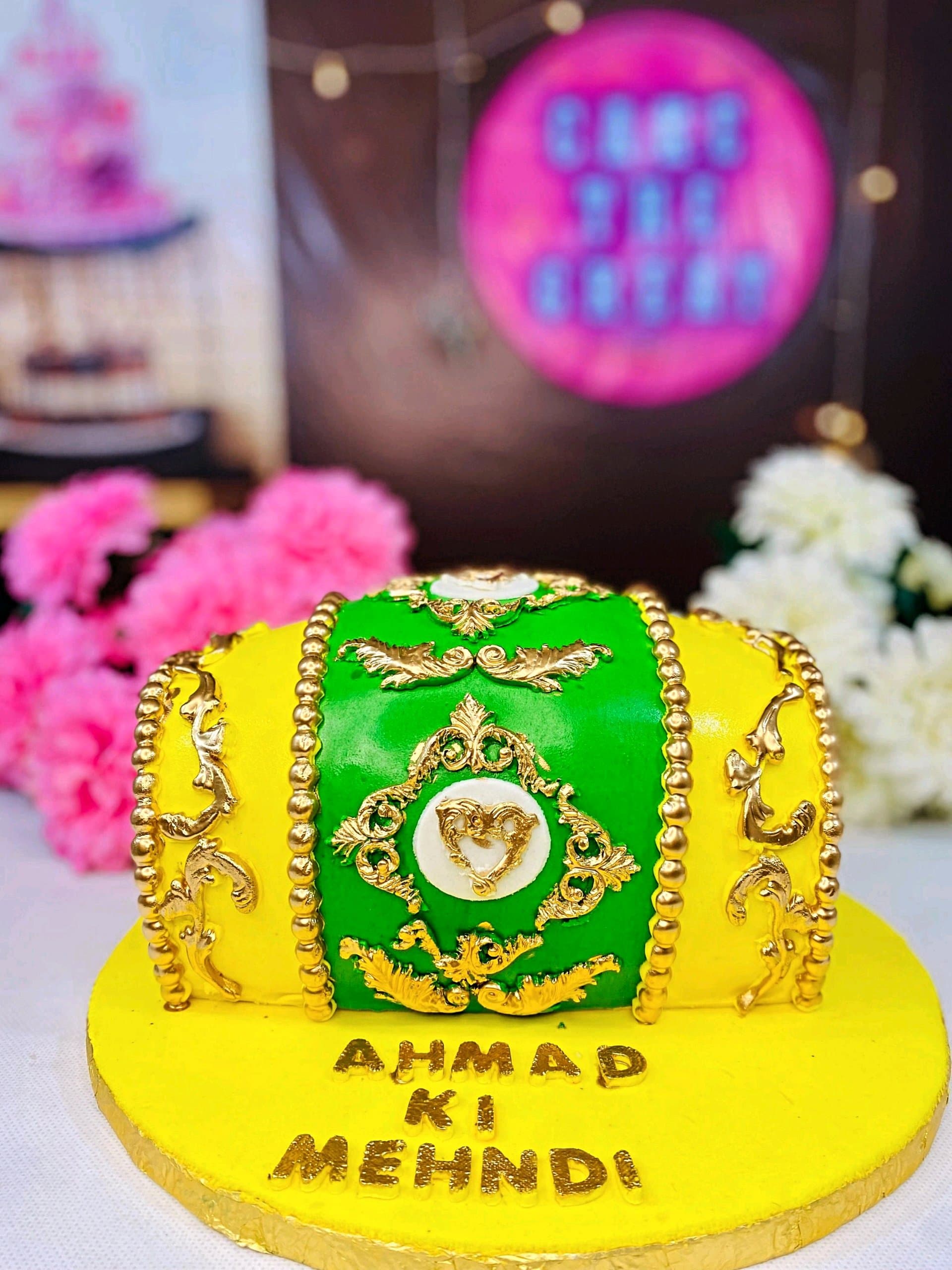 Dholki and Mehndi Cake in Green and Gold